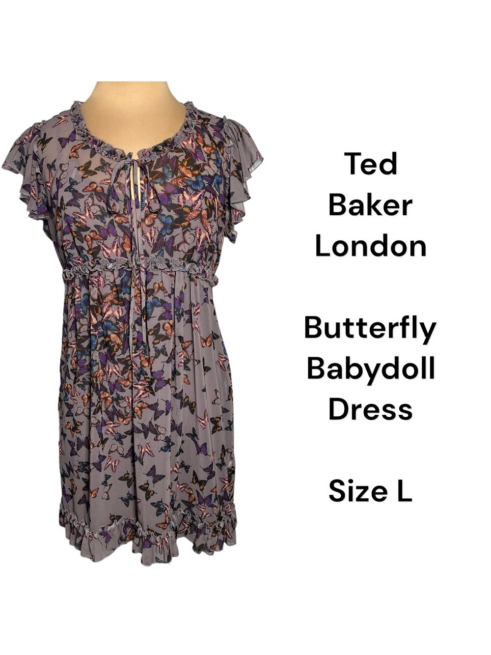 Ted Baker butterfly babydoll dress gray multicolor flutter sleeve chiffon size L